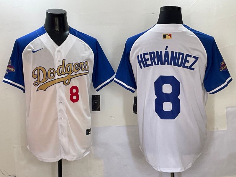 Men Los Angeles Dodgers #8 Hernandez White Blue Champion gold character Nike 2025 MLB Jersey style 5041